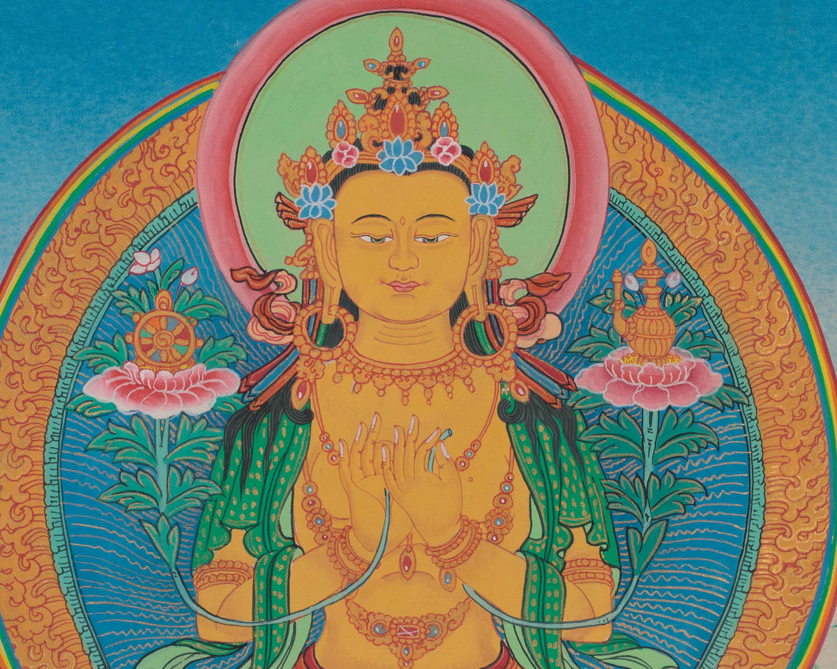Future Buddha Maitreya Thangka | Sacred Art with Blue and Red Silk Brocade