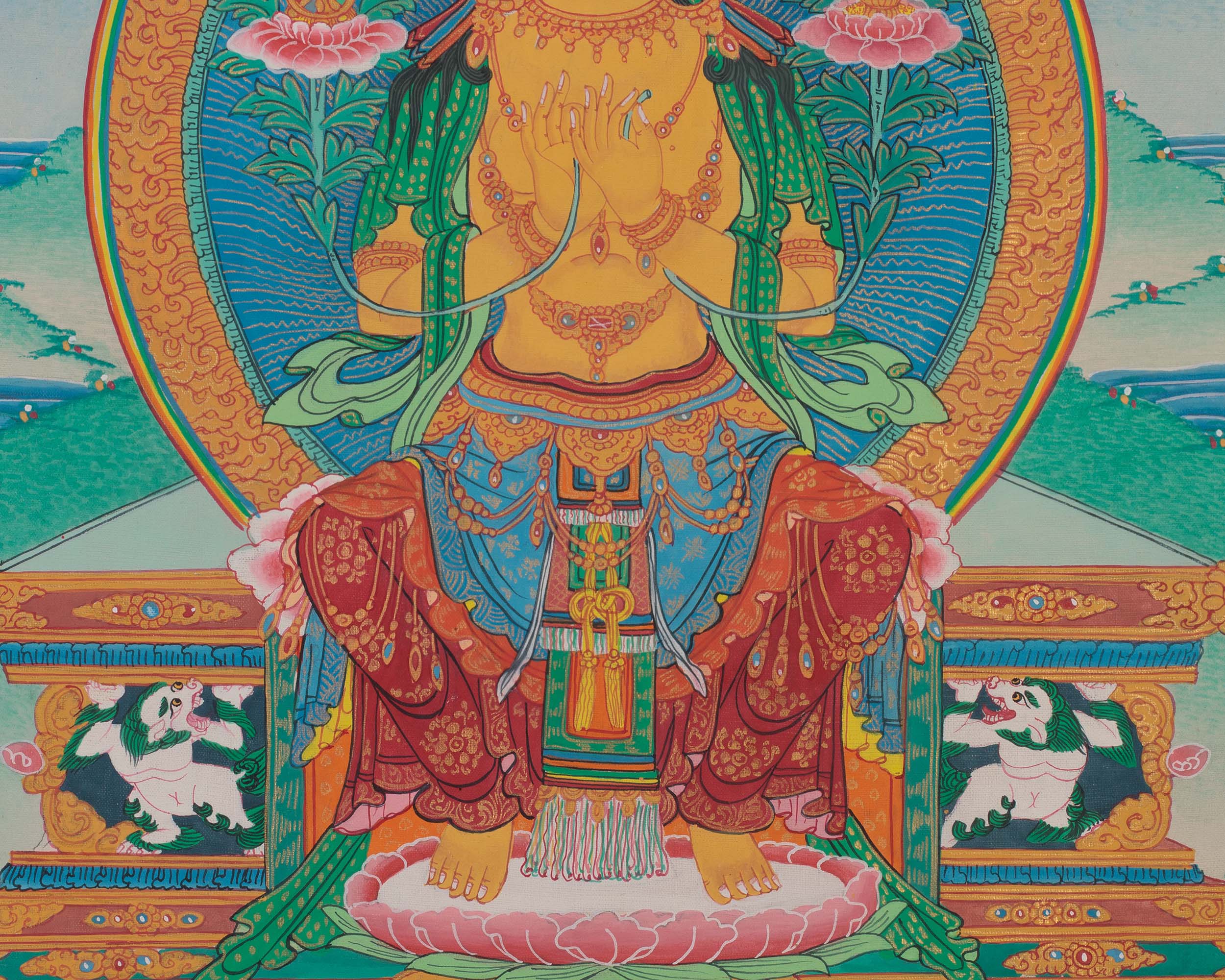 Future Buddha Maitreya Thangka | Sacred Art with Blue and Red Silk Brocade