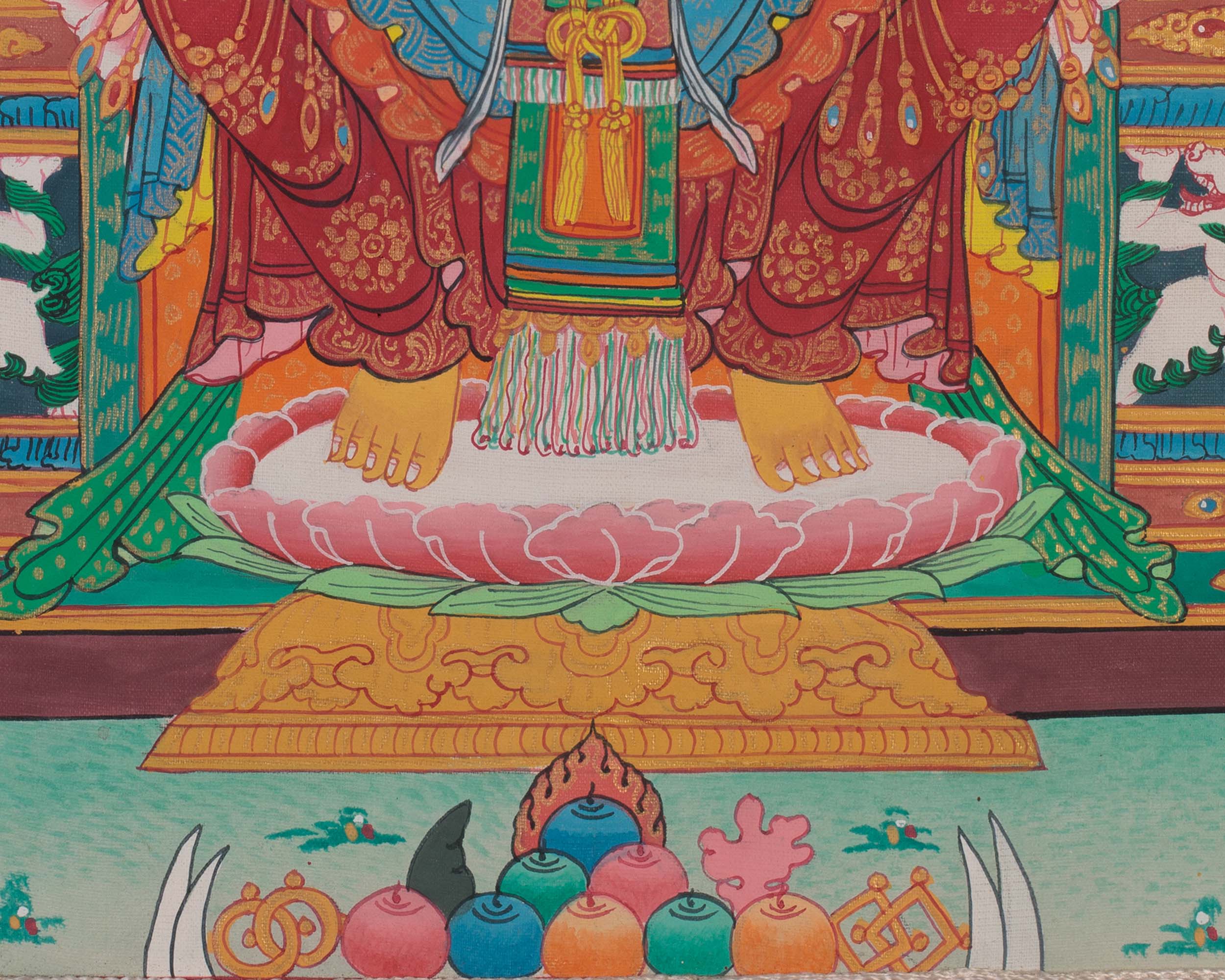 Future Buddha Maitreya Thangka | Sacred Art with Blue and Red Silk Brocade