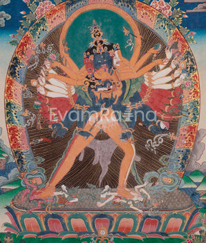 Kalachakra and Vishvamata, Yidam Deity Thangka | Red and Yellow Silk Brocade