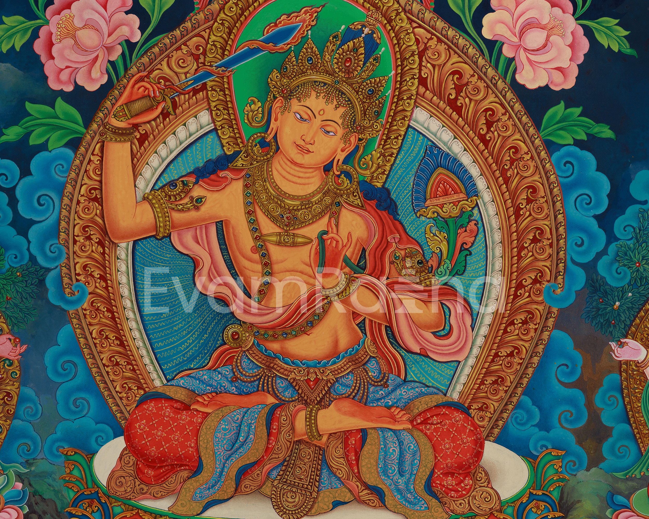 Exquisite Manjushri Painting | 5 Dhyani Buddhas and Bodhisattva | Tibetan Buddhist Wisdom Art