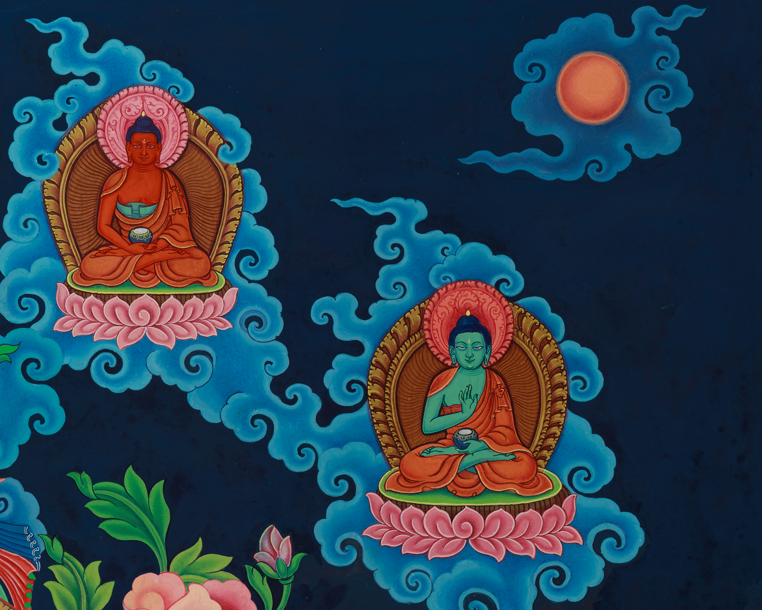 Exquisite Manjushri Painting | 5 Dhyani Buddhas and Bodhisattva | Tibetan Buddhist Wisdom Art