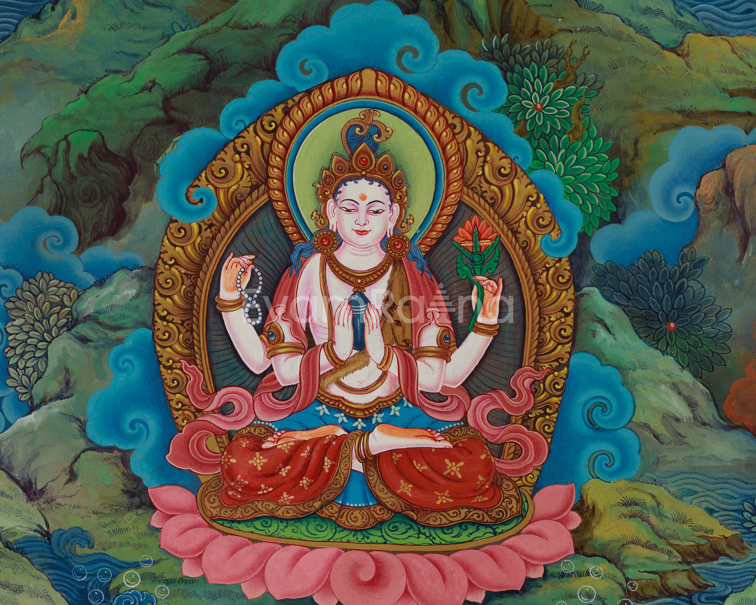 Exquisite Manjushri Painting | 5 Dhyani Buddhas and Bodhisattva | Tibetan Buddhist Wisdom Art
