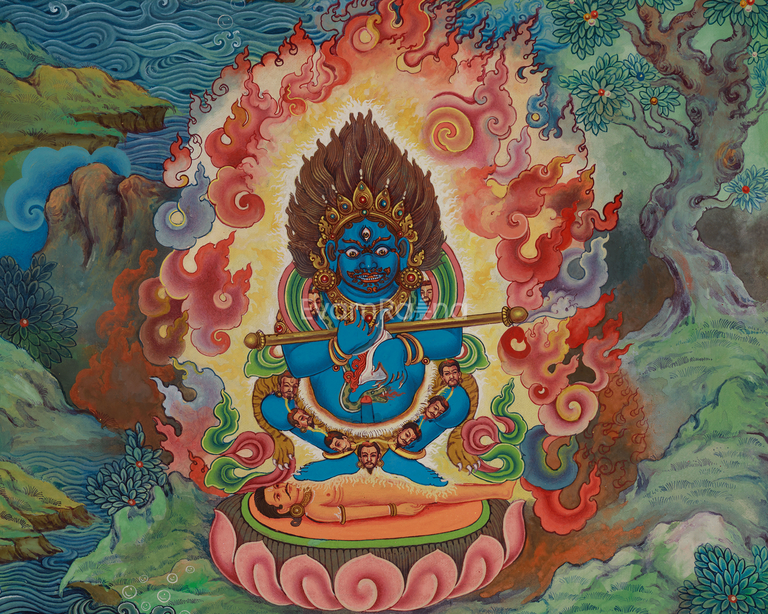 Exquisite Manjushri Painting | 5 Dhyani Buddhas and Bodhisattva | Tibetan Buddhist Wisdom Art
