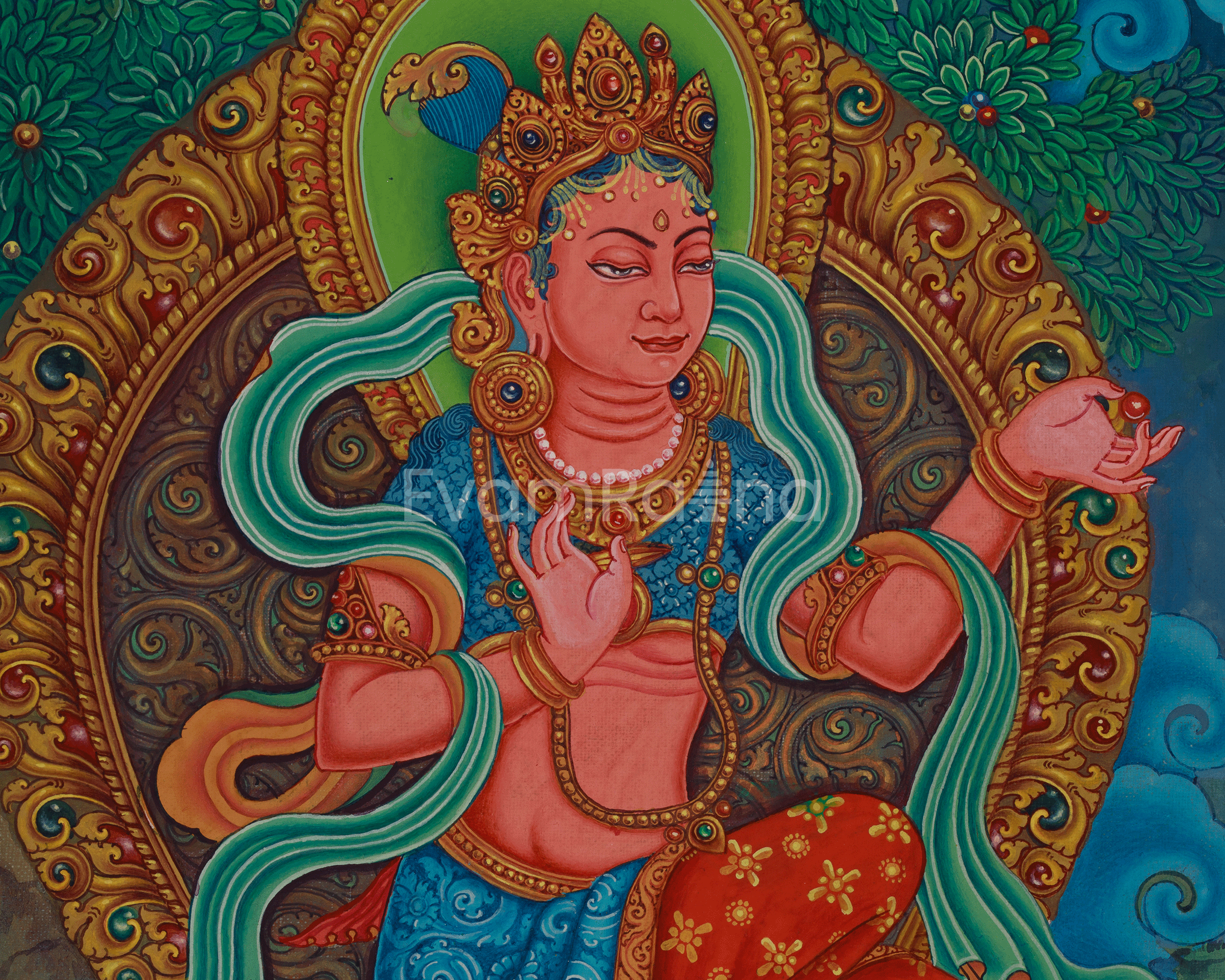 Exquisite Manjushri Painting | 5 Dhyani Buddhas and Bodhisattva | Tibetan Buddhist Wisdom Art