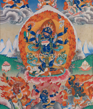 Six-Arms Mahakala Thangka With Brocade | Tibetan Protector Deity for Powerful Protection