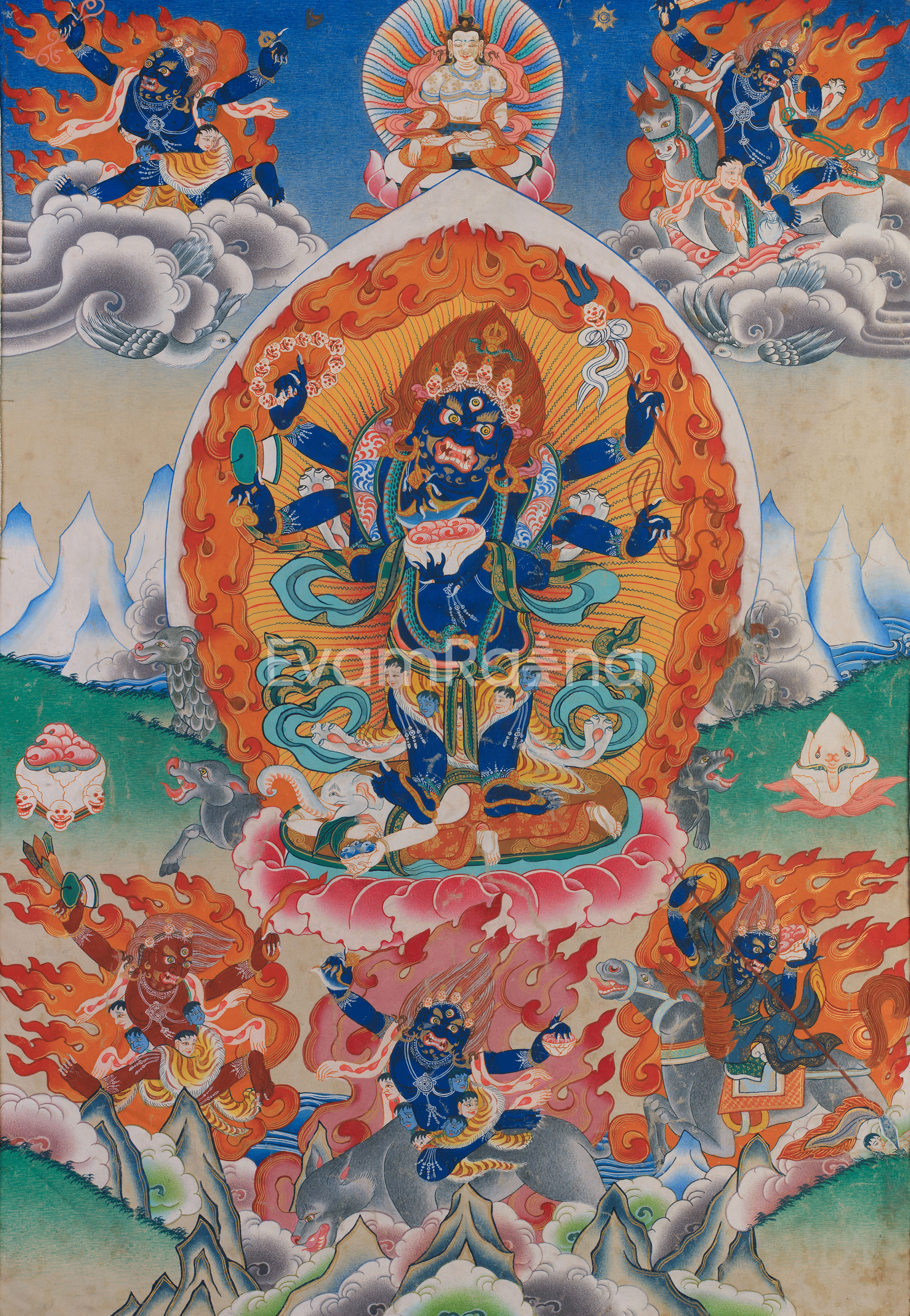 Six-Arms Mahakala Thangka With Brocade | Tibetan Protector Deity for Powerful Protection