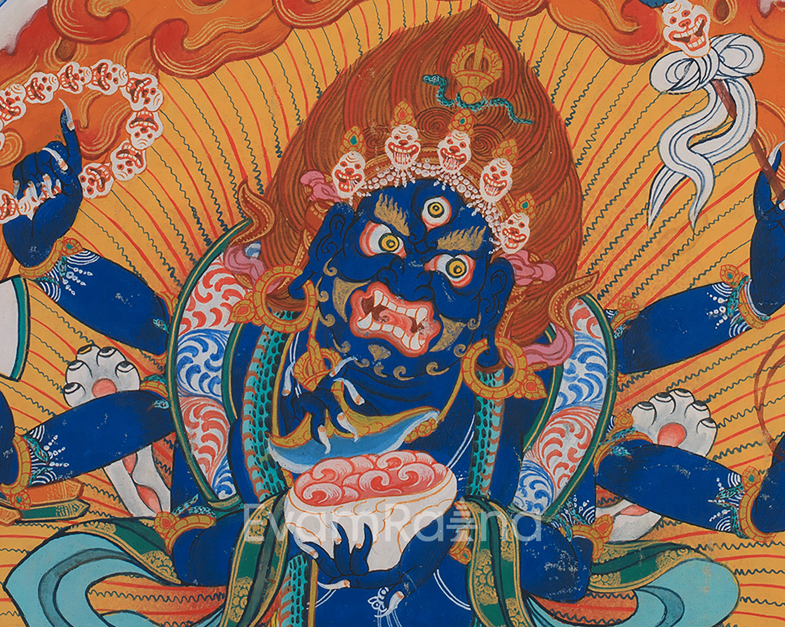 Six-Arms Mahakala Thangka With Brocade | Tibetan Protector Deity for Powerful Protection