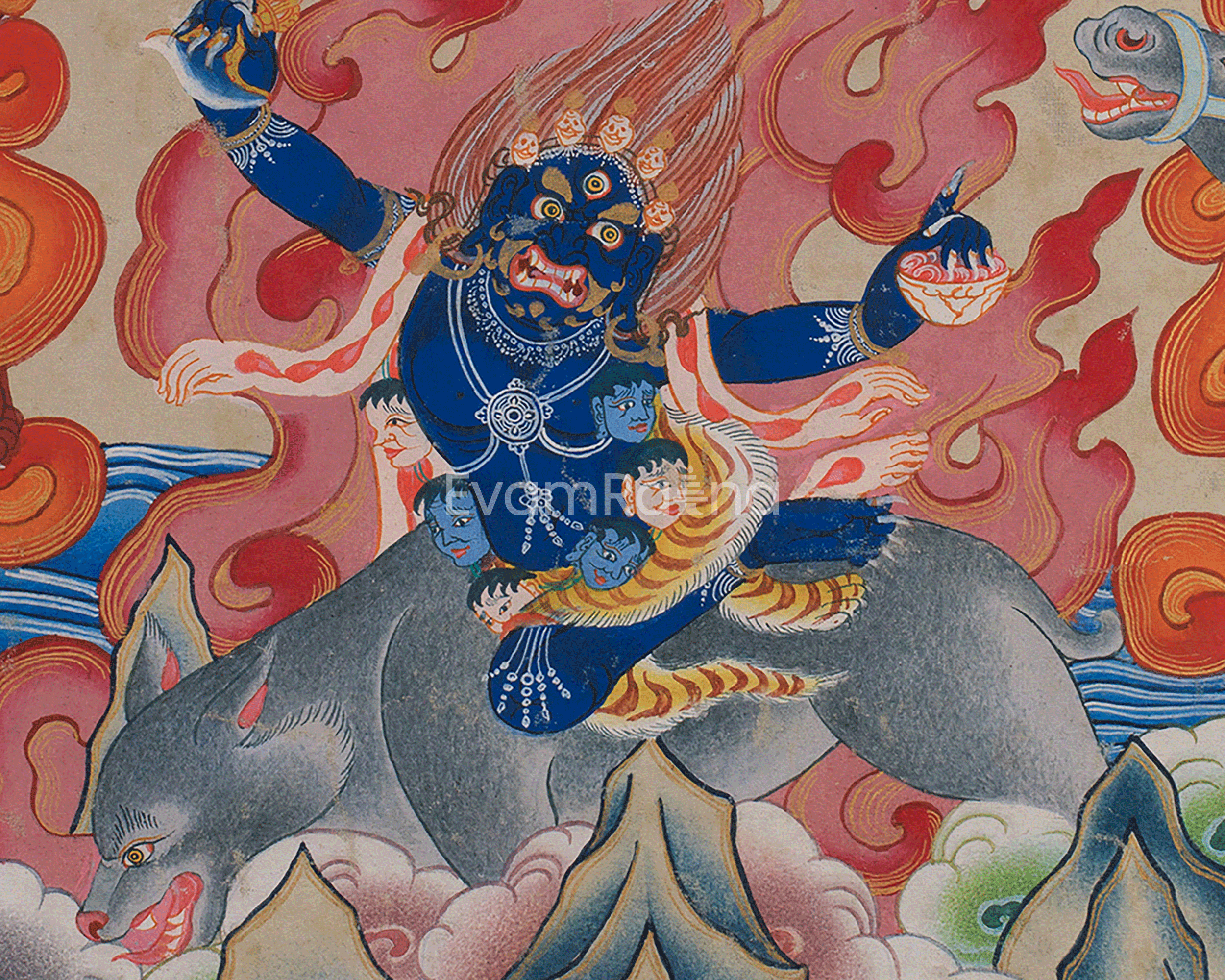Six-Arms Mahakala Thangka With Brocade | Tibetan Protector Deity for Powerful Protection