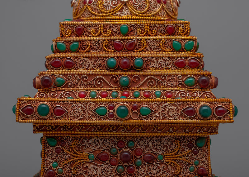 Tibetan Stupa in Copper | 24k Gold Plated Elegance for Spiritual Practice