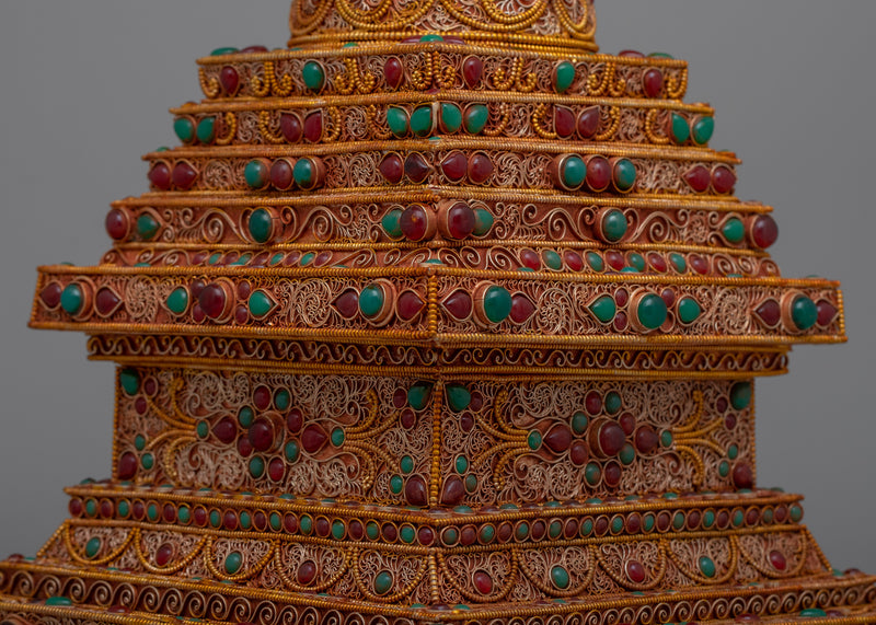 Tibetan Stupa in Copper | 24k Gold Plated Elegance for Spiritual Practice