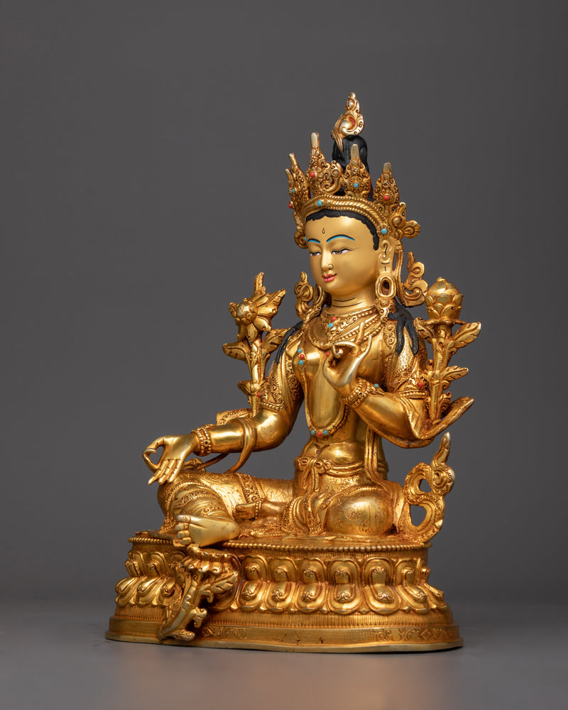 Large Copper Green Tara Sculpture | Majestic Buddhist Decor for Home or Altar