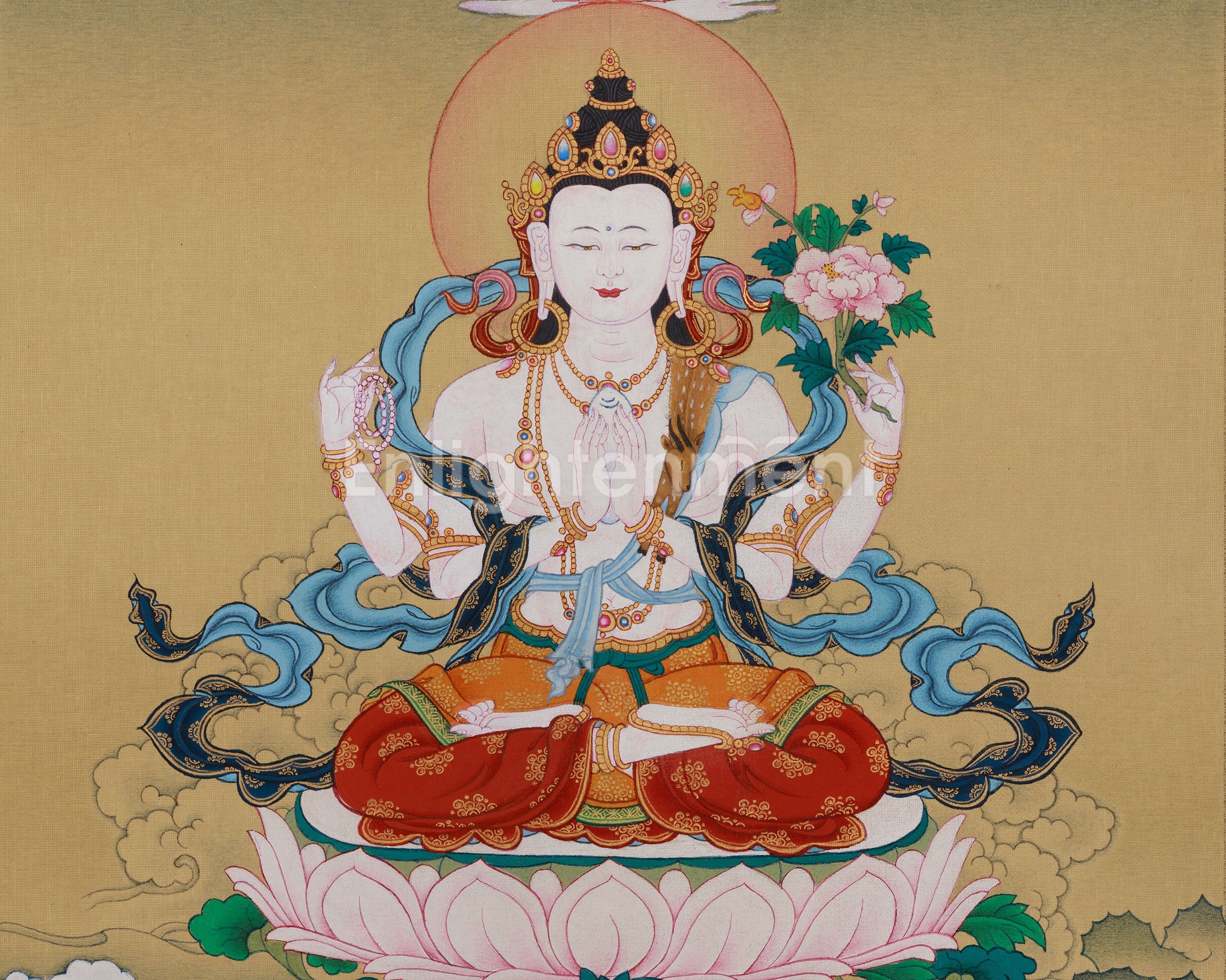 Tibetan Chenrezig with Amitabha Buddha Art | Avalokiteshvara Thangka