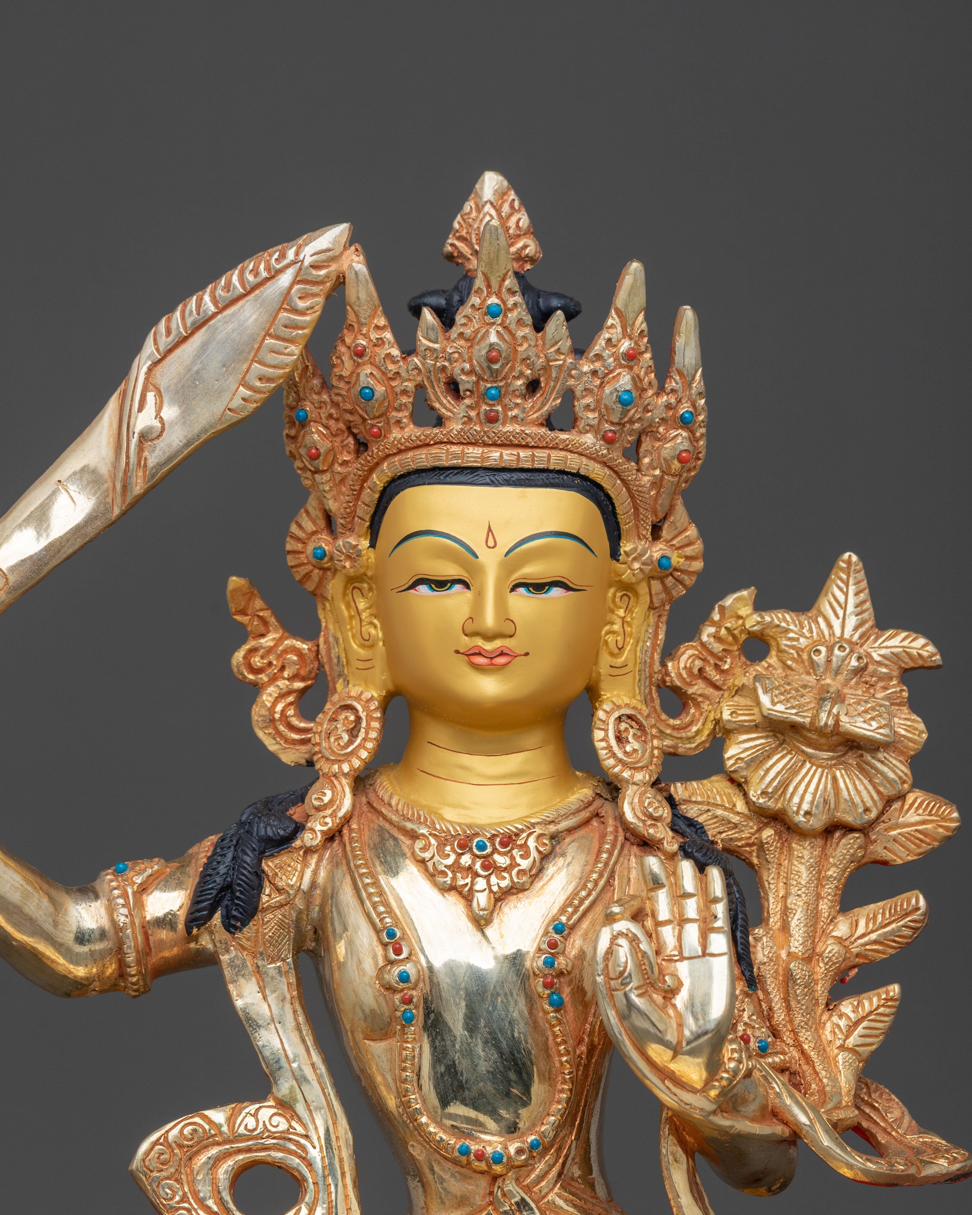 Manjushri Sacred Figurine | Copper Wisdom Deity Sculpture with Gold Plating