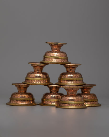 Copper Bowls Water Offering Set | Traditional Tibetan Ritual Items for Spiritual Offerings