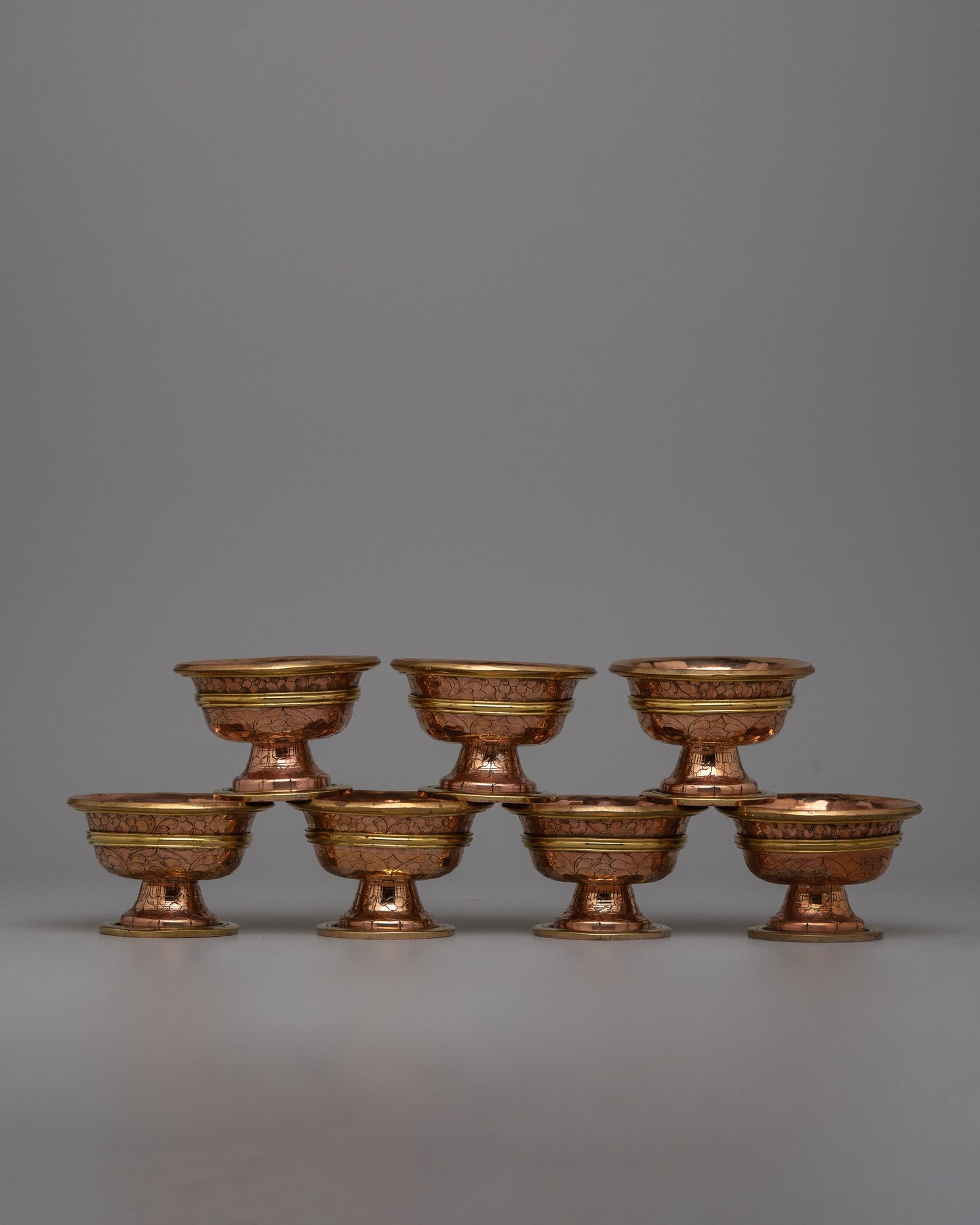 Copper Bowls Water Offering Set | Traditional Tibetan Ritual Items for Spiritual Offerings