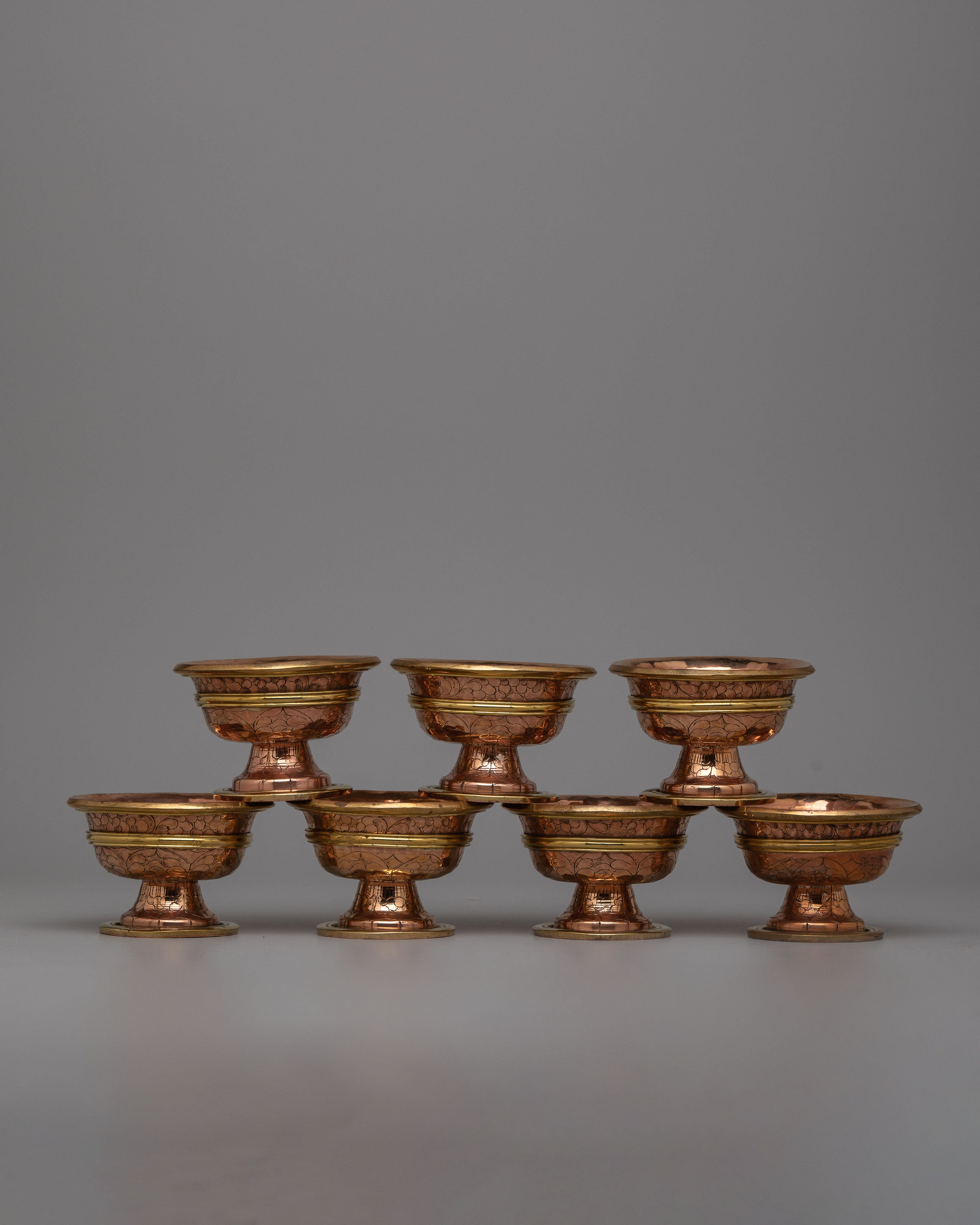 Copper Bowls Water Offering Set | Traditional Tibetan Ritual Items for Spiritual Offerings