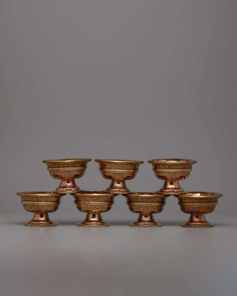 Copper Bowls Water Offering Set | Traditional Tibetan Ritual Items for Spiritual Offerings