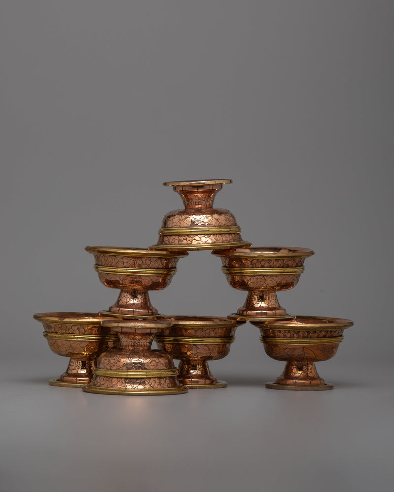 Copper Bowls Water Offering Set | Traditional Tibetan Ritual Items for Spiritual Offerings