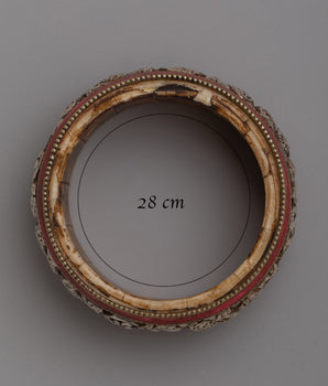 Tibetan Stone Border Bangle |  Intricately Carved Silver Design with Traditional Stone Accents