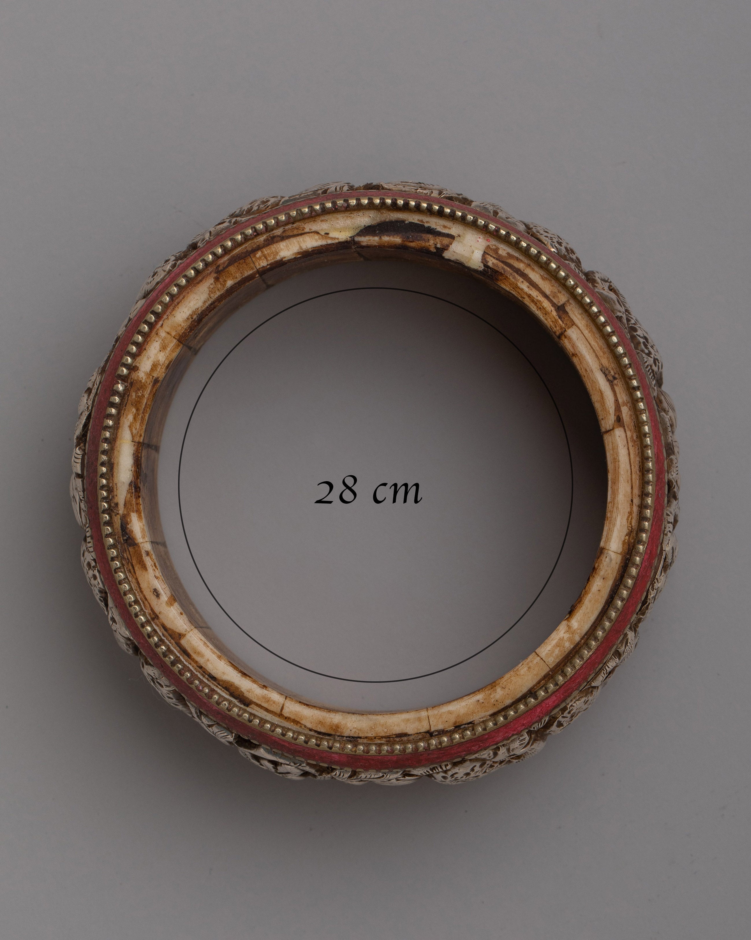 Tibetan Stone Border Bangle |  Intricately Carved Silver Design with Traditional Stone Accents