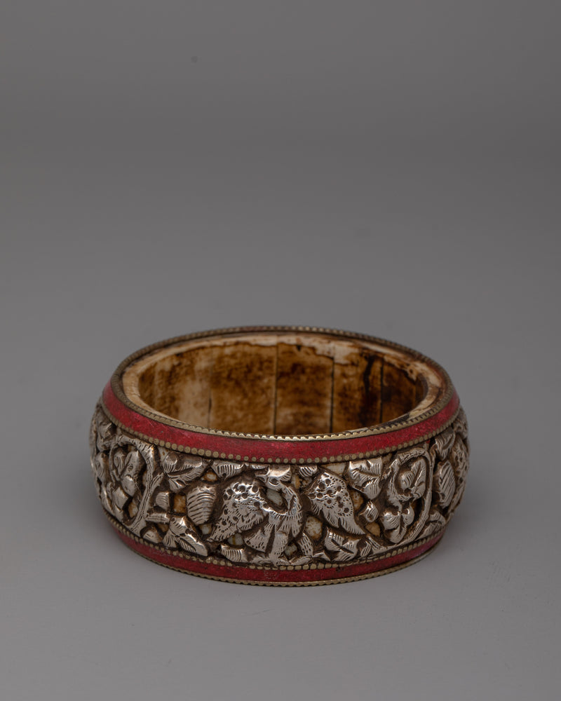 Tibetan Stone Border Bangle |  Intricately Carved Silver Design with Traditional Stone Accents