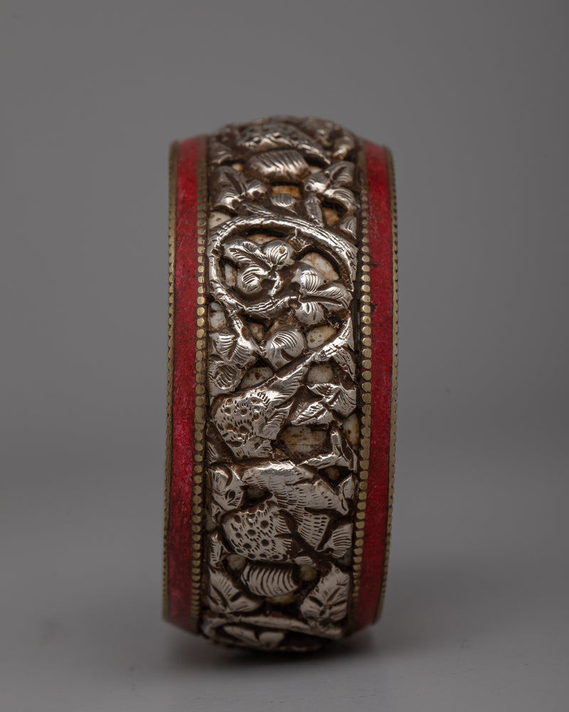 Tibetan Stone Border Bangle |  Intricately Carved Silver Design with Traditional Stone Accents