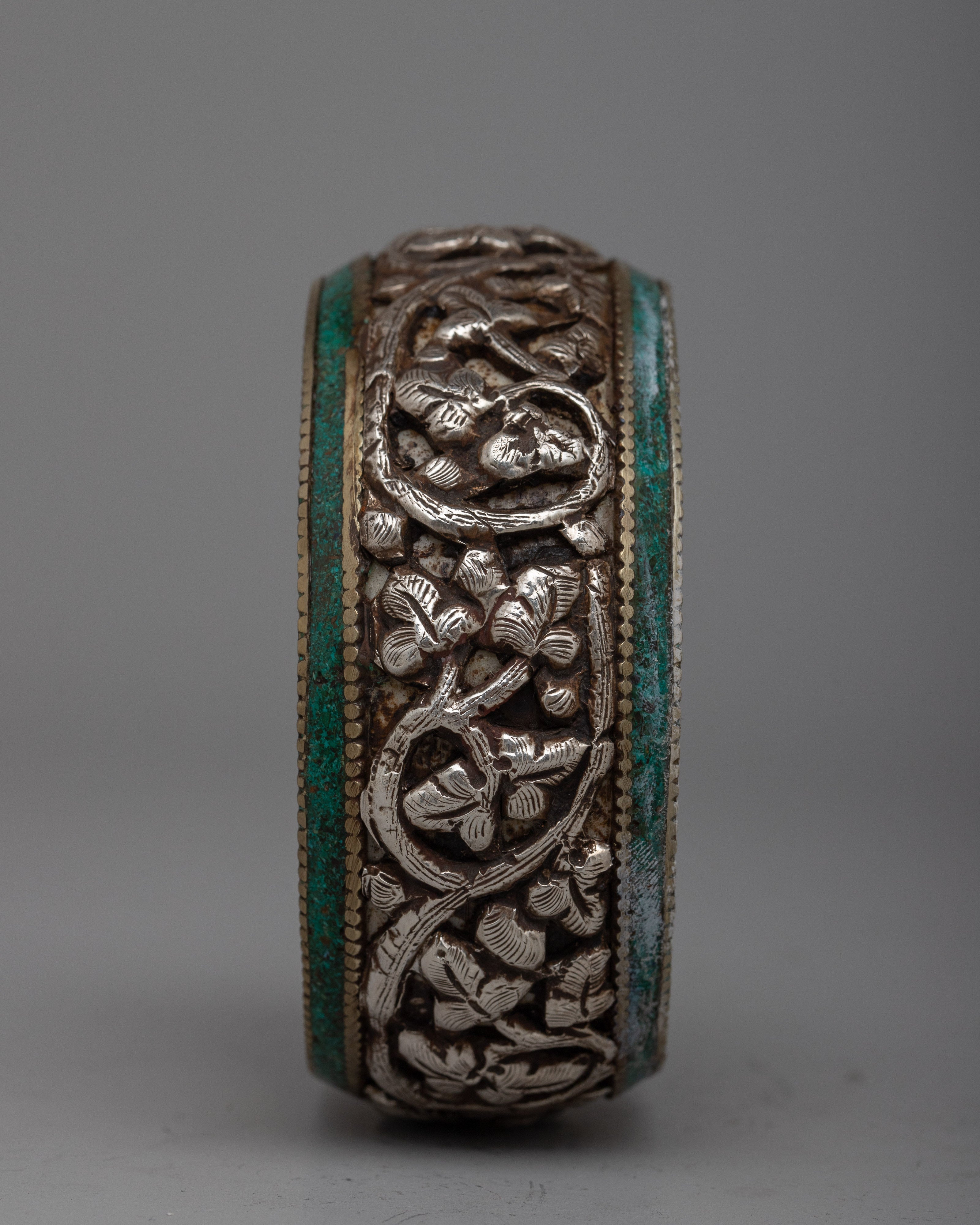 Floral Design Buddhist Bangle | Silver Bracelet Infused with Spirituality