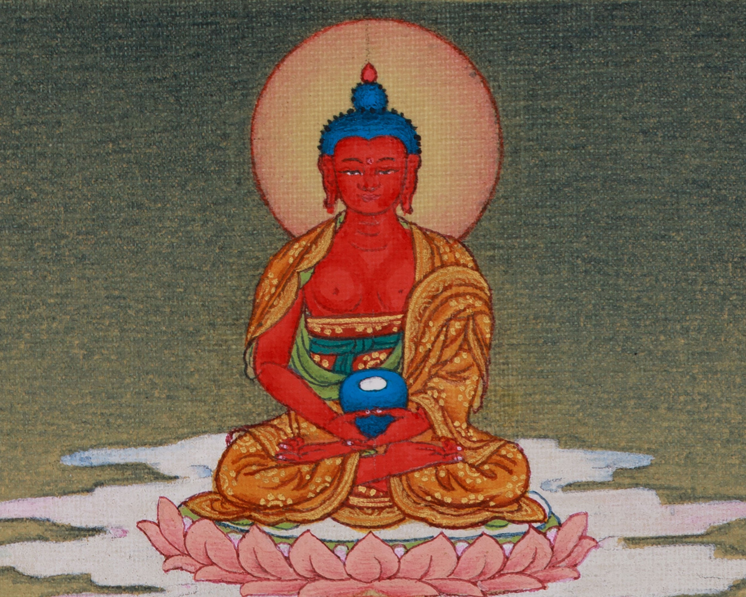 Tibetan Chenrezig with Amitabha Buddha Art | Avalokiteshvara Thangka