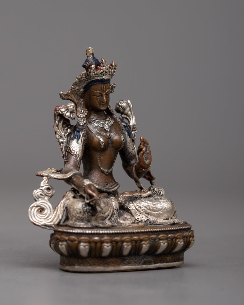 Miniature White Tara Statue | Tara in Copper Body and Silver Plating