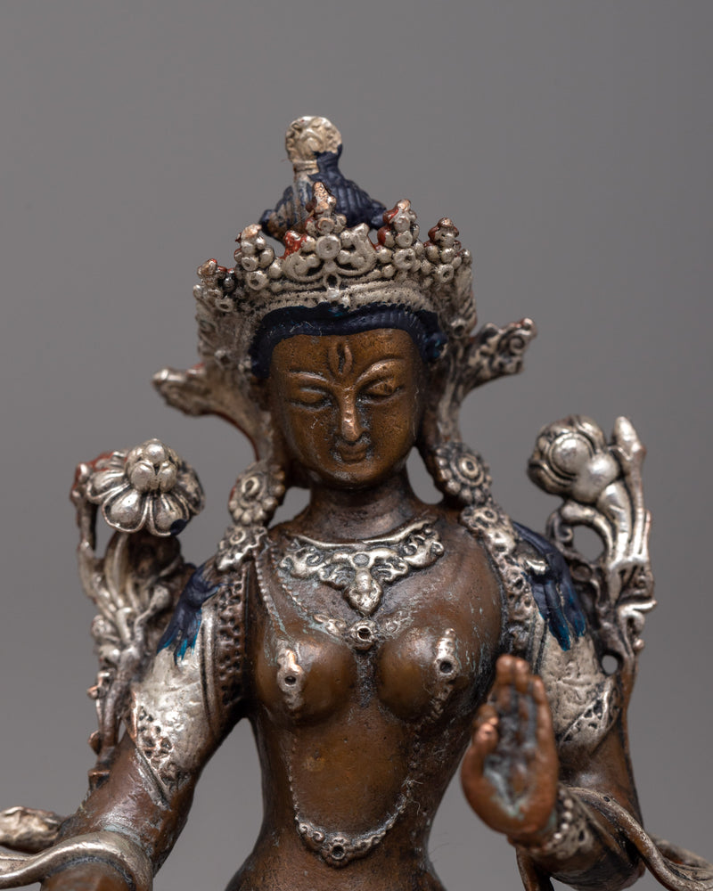 Miniature White Tara Statue | Tara in Copper Body and Silver Plating