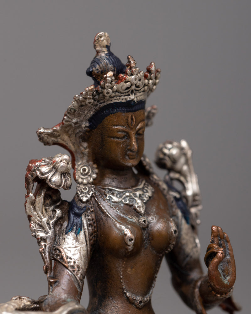 Miniature White Tara Statue | Tara in Copper Body and Silver Plating