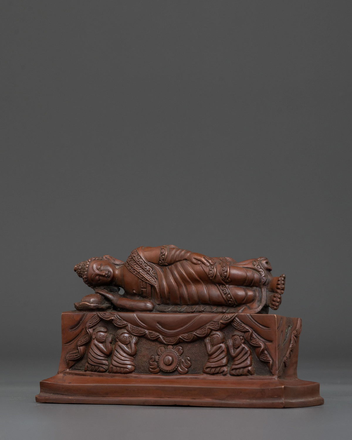 Sleeping Buddha Oxidized Copper Statue | Reclining Buddha Art