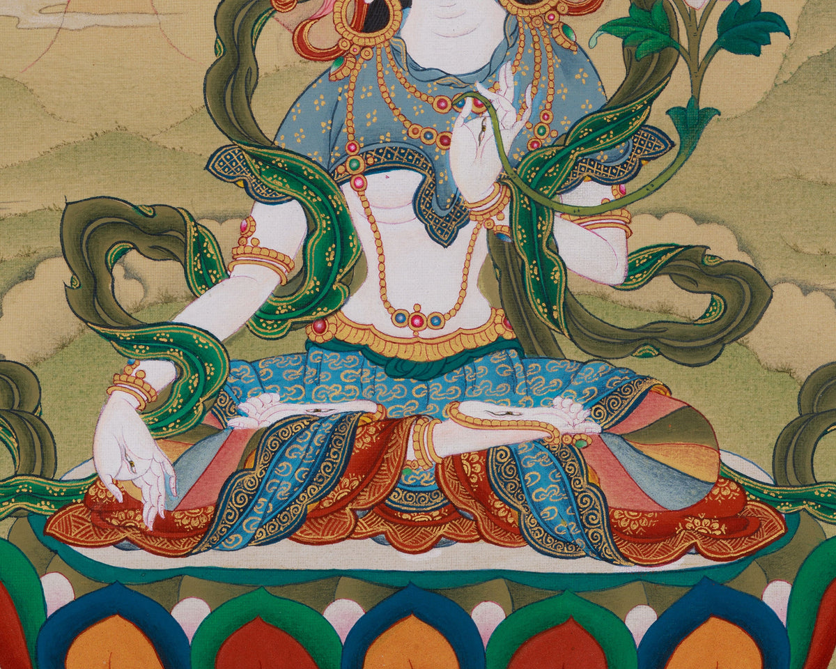 Tibetan White Tara With Amitabha Buddha Thangka | Healing And Longevity Deity