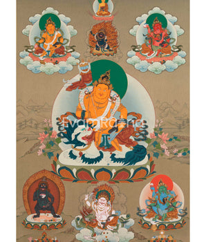 The Five Dzambhala Thangka - A Tapestry of Wealth and Abundance | Buddhist Wealth Deity Canvas