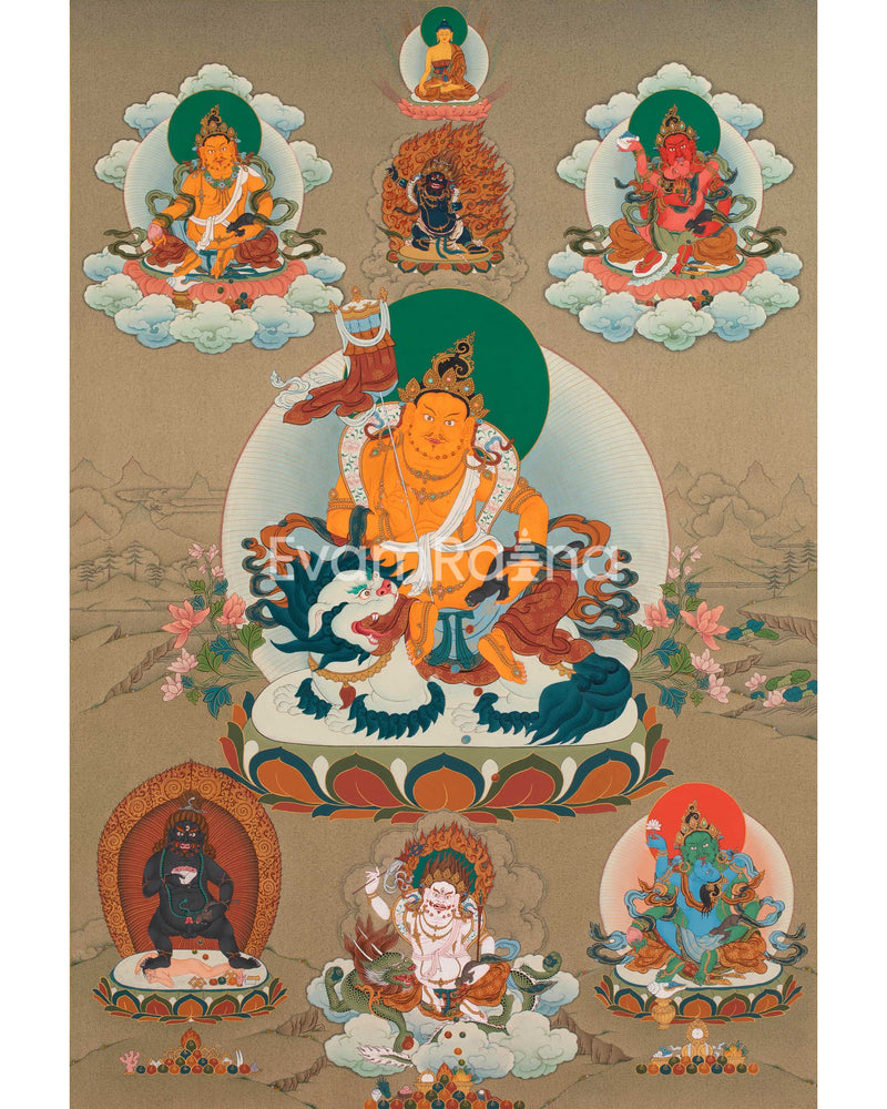 The Five Dzambhala Thangka - A Tapestry of Wealth and Abundance | Buddhist Wealth Deity Canvas