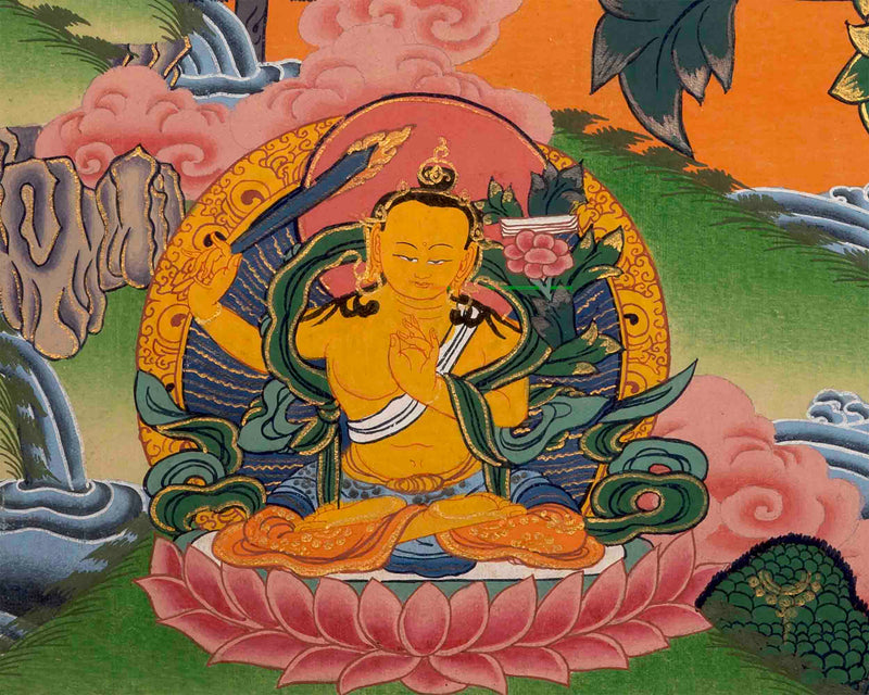 Handpainted Guru Rinpoche Surrounded By Dhyani Buddha Traditional Thangka |  Meditation And Yoga