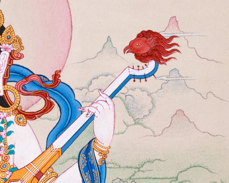 Saraswati Divine Grace Thangka | Hand-painted Goddess Art