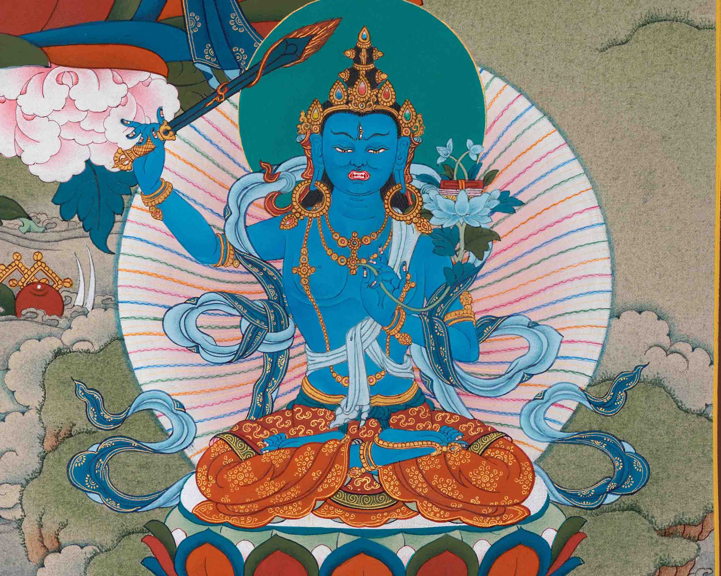 5 Manjushri Thangka as a Symbol of Wisdom | Bodhisattva Art  | Traditional Wall Hanging Decor