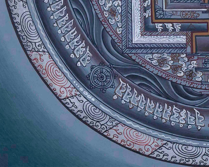 Grey Colored Kalachakra Mandala Thangka With Silver