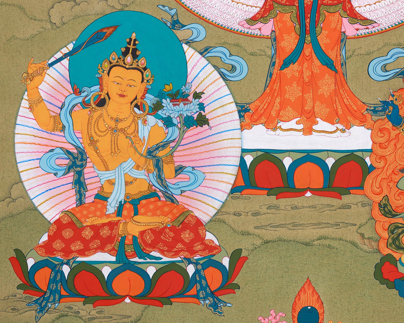 1000 arm Buddha, Avalokiteshvara Thangka | Manjushri & Vajrapani, Tibetan Art