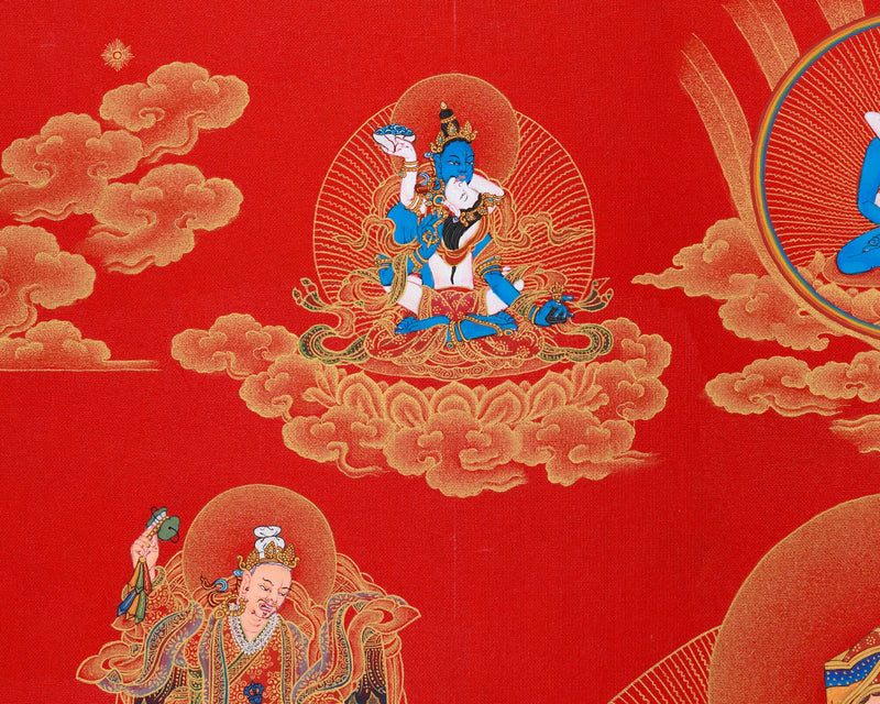 Guru Sangye Thangka | Eight Manifestations of Padmasambhava | Red & Gold Artwork