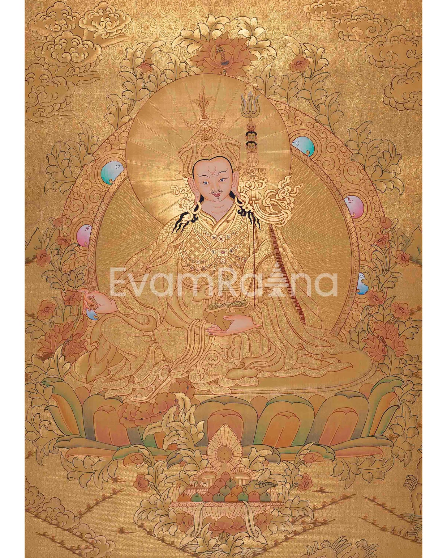 Guru Rinpoche In Full Gold Thangka Painting | Padmasambhava Thangka | Traditional Buddhist Handmade Thanka | Yoga Meditation Wall Hanging