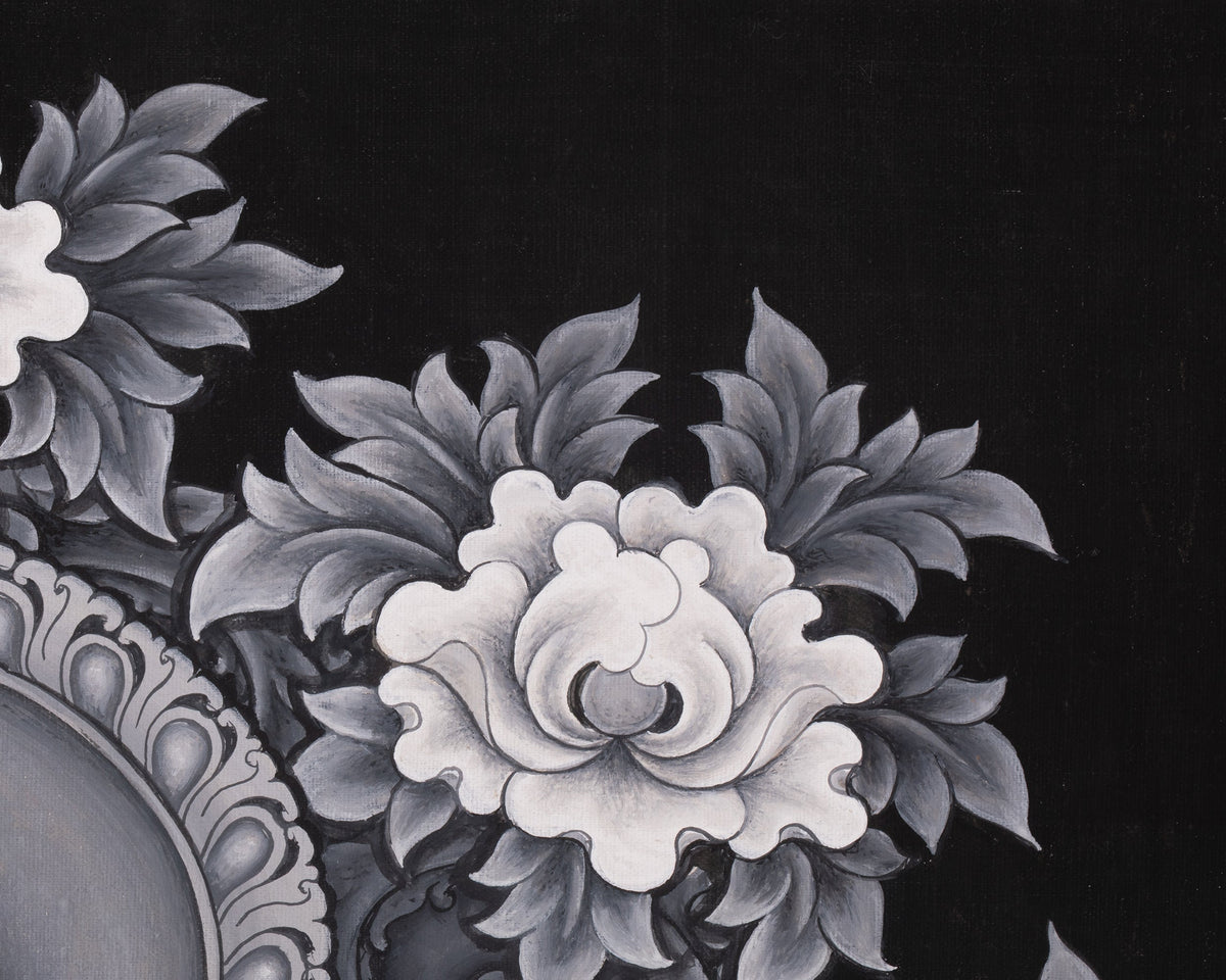Black and White Bodhisattva Chenrezig Thangka | Avalokiteshvara Art | Compassion Deity