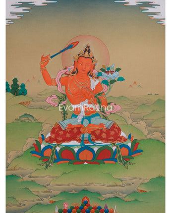 a colorful and detailed depiction of a Buddhist deity, possibly a Buddha, seated on a lotus flower and holding a sword. The background features a landscape with mountains and clouds, creating a serene and spiritual atmosphere.