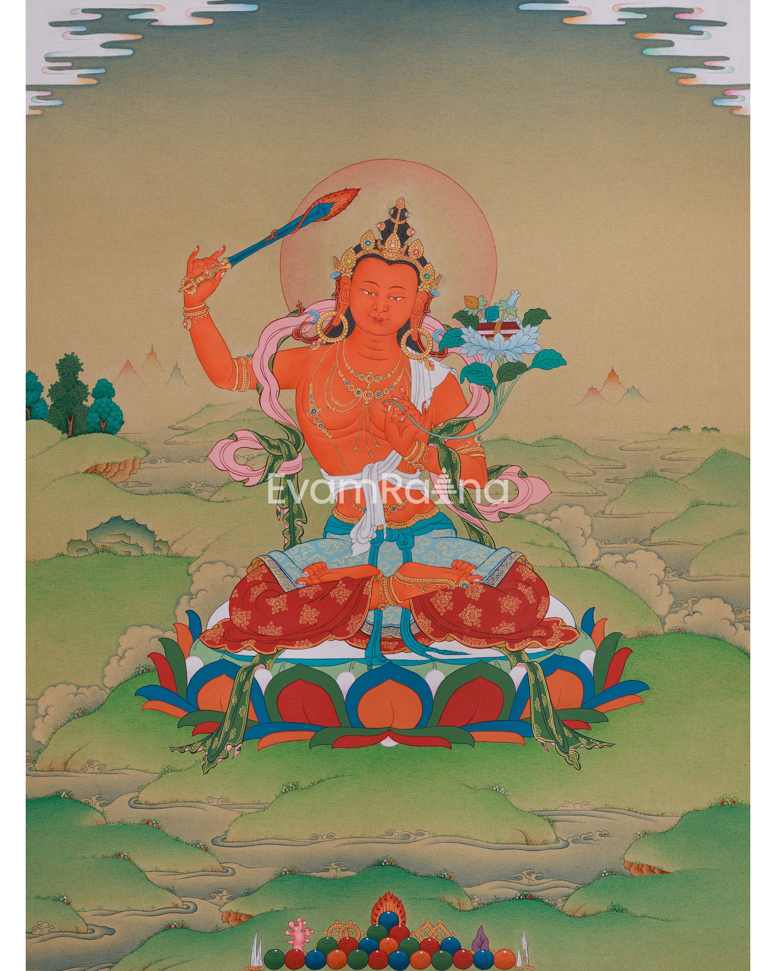 a colorful and detailed depiction of a Buddhist deity, possibly a Buddha, seated on a lotus flower and holding a sword. The background features a landscape with mountains and clouds, creating a serene and spiritual atmosphere.