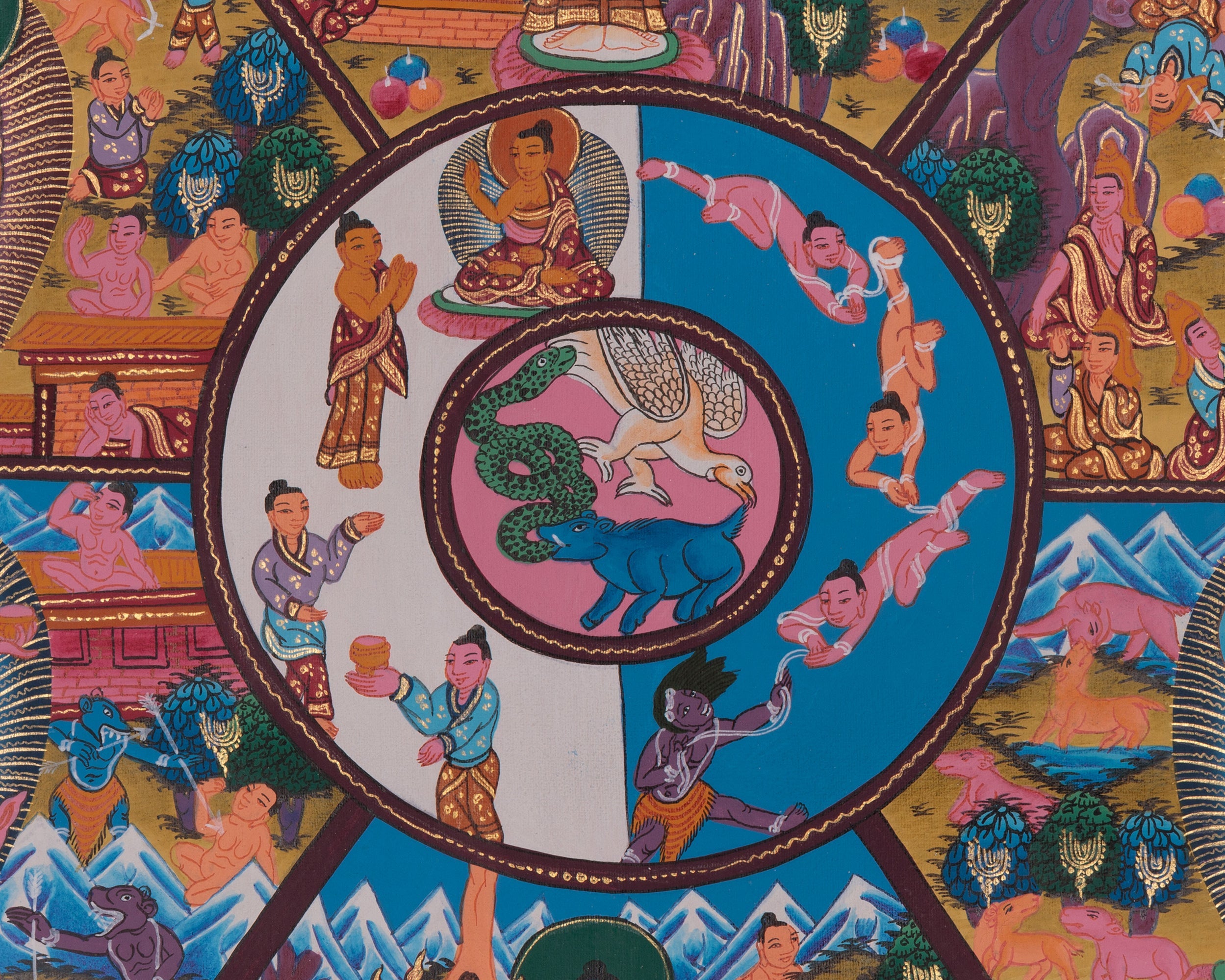 Divine Bhavachakra Thangka | Wheel of Life Artwork of Karma and Rebirth