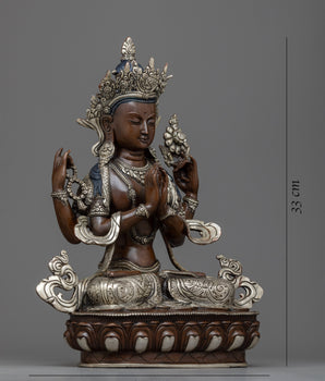 Chenrezig Silver Plated Statue | 12.9" Compassionate Deity of Bodhisattva