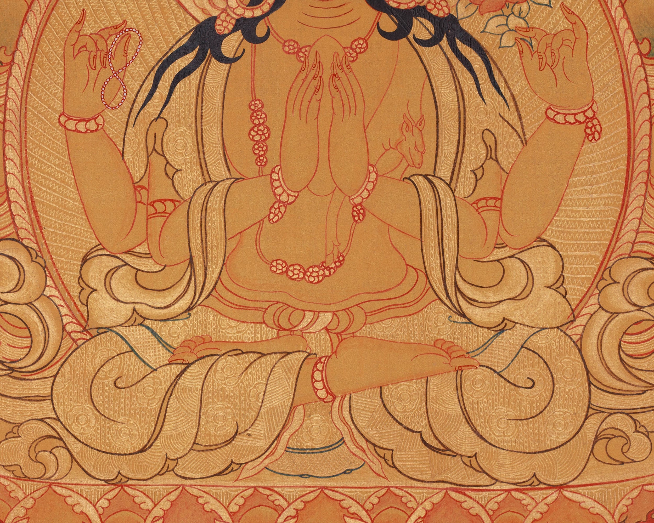 Four-Armed Chenrezig Compassion Thangka | Avalokiteshvara, Manjushri & Vajrpani Art | Meditation Altar