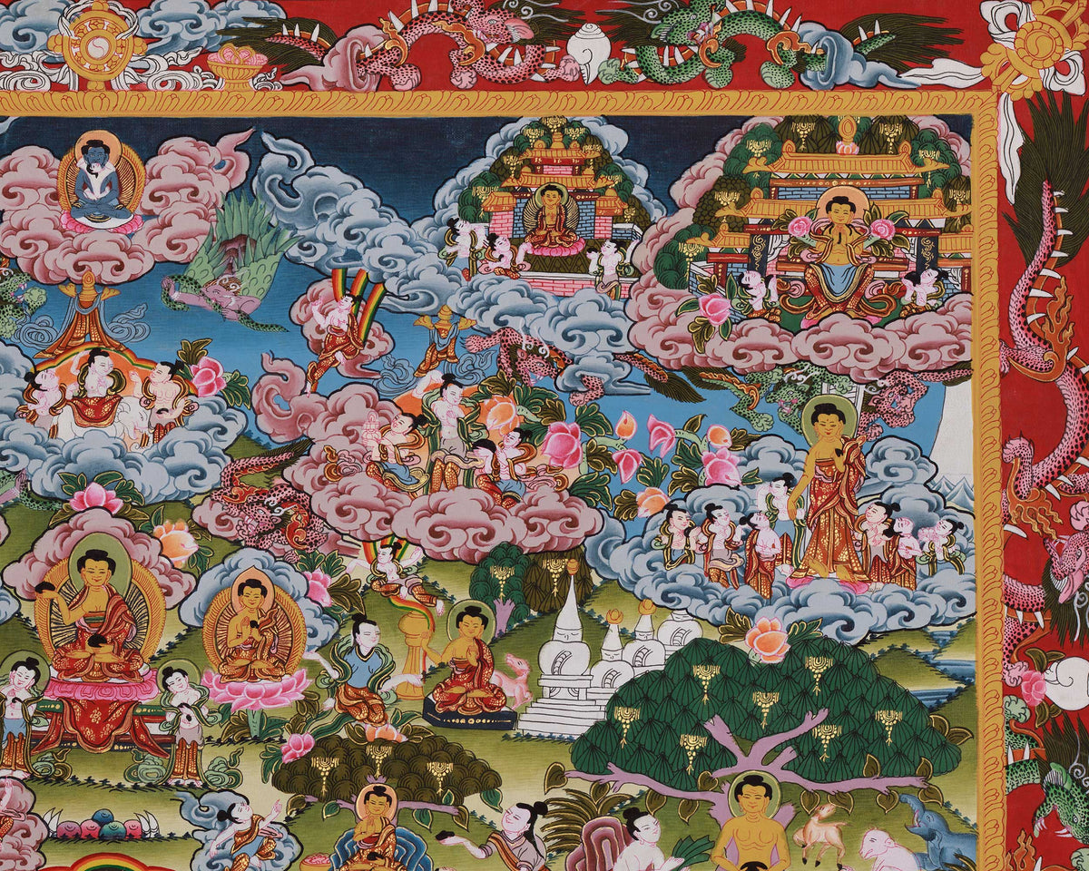Historical Buddha Life Story Thangka | Traditional Artwork Depicting the Buddha’s Path to Enlightenment